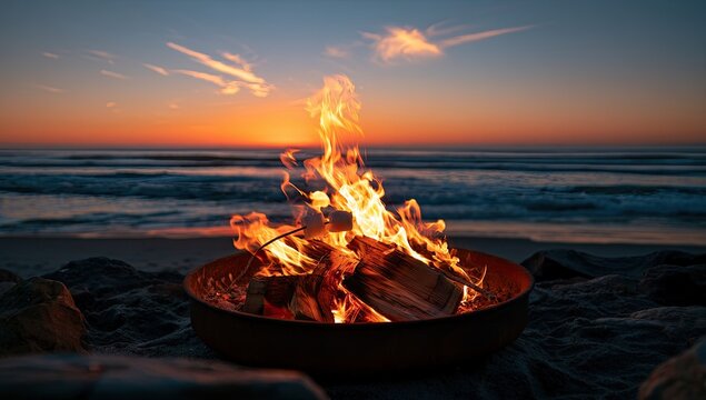 Cozy beach bonfire glows at sunset with ocean waves