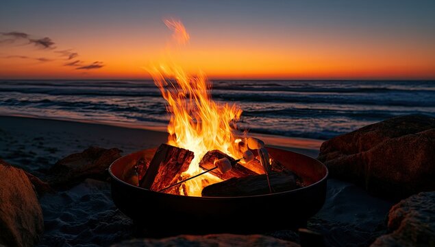 Beach bonfire at sunset, ocean waves rolling in, warm glow on sand