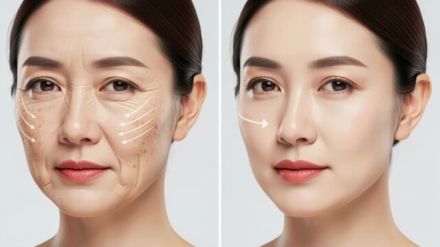 Aging Skin Transformation: A side-by-side comparison showcases the dramatic anti-aging effects of a skincare treatment, transforming a mature face with wrinkles and dark spots into a youthful.