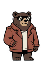 Fototapeta premium Stylish bear character wearing a leather jacket and sunglasses standing in a relaxed pose isolated on white background modern flat design character concept
