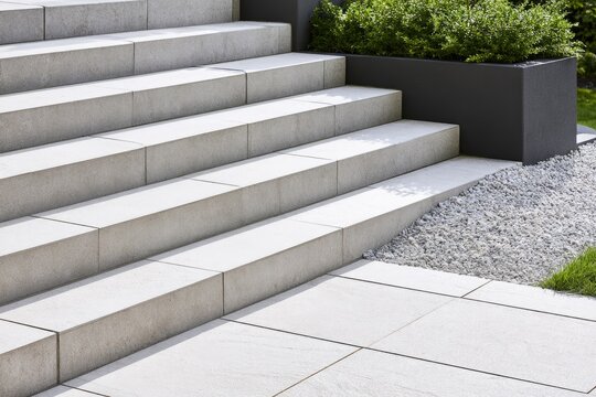 Modern stone steps ascend a clean, minimalist outdoor space with greenery