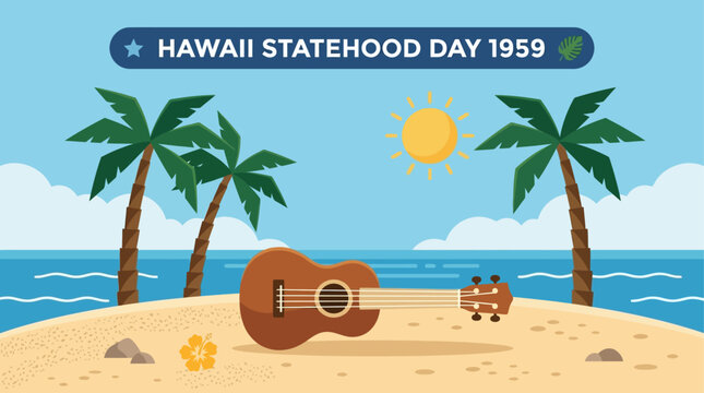 A serene flat design vector illustration featuring a stylized ukulele on a beach with palm trees, celebrating "Hawaii Statehood Day 1959." 