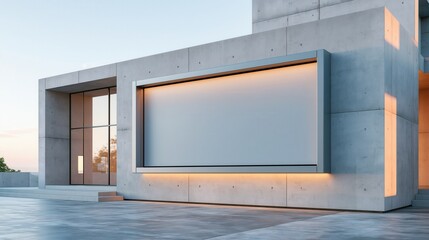 Fototapeta premium Large blank horizontal billboard mock up integrated into a modern concrete building facade at dusk.