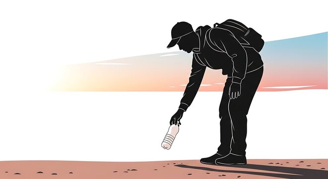 Silhouette of a person with a backpack bending to pick up a discarded plastic bottle on a sandy terrain under a colorful sunrise, conveying environmental awareness and responsible outdoor