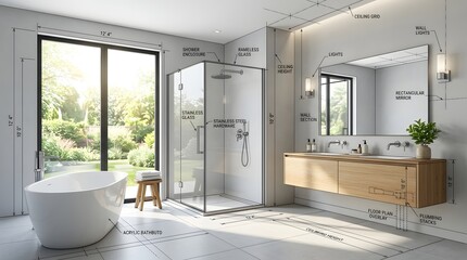 Fototapeta premium Modern Bathroom Interior with Bathtub and Shower