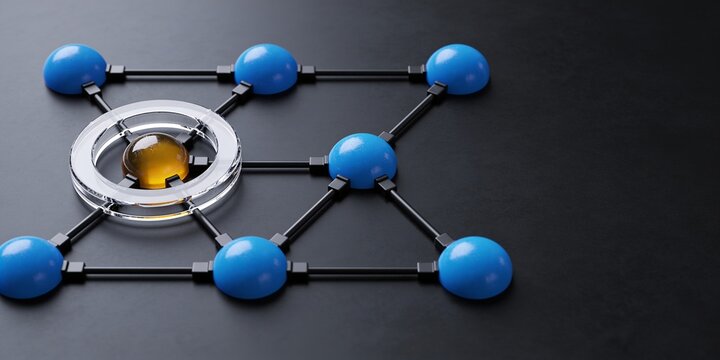 Controlled Amber Node in Blue Connected System on Dark Graphite Background with Glass Ring and Copy Space for Technology Header
