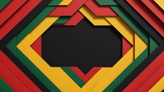 Abstract layered geometric animation of the Pan-African flag, vibrant red, green, yellow, and black colors