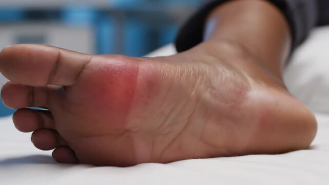 Foot with inflamed red patches on the sole indicating a medical condition resting on a white sheet