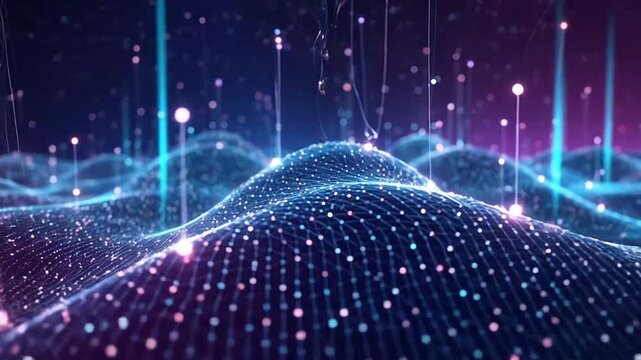 Abstract digital landscape with glowing blue particles and flowing data waves