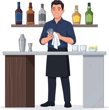 Professional Male Bartender Polishing Glass Behind Bar Counter With Bottles And Tools - Flat Vector Illustration