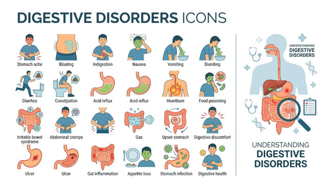 Digestive Disorders Icons Focus On Main Subject.