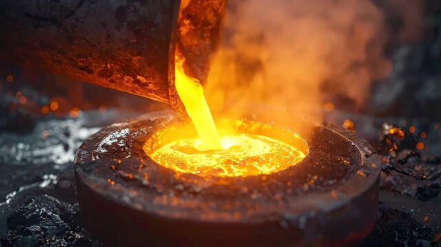 Molten liquid metal pouring into a circular industrial mold in a dark foundry