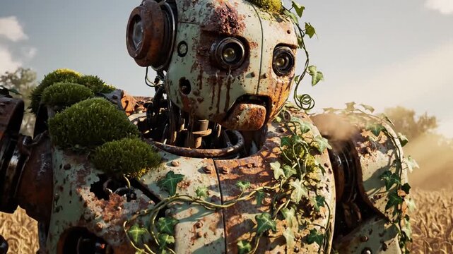 Ancient rusty robot overgrown with moss in golden wheat field