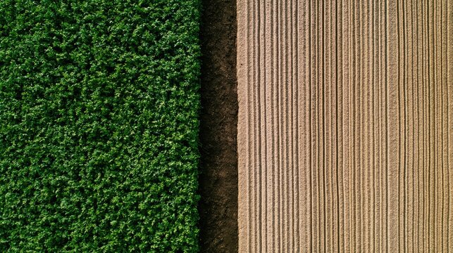 Verdant crops meet tilled earth in a stark, geometric split view