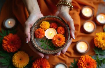 Fototapeta premium Woman holds ornate bowl with floating candle amid marigold blooms. Festive arrangement sits on orange fabric backdrop alongside smaller lit candles. Warm light creates cozy atmosphere perfect for