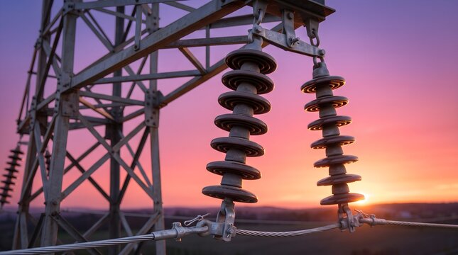 Close Up of Long Ceramic Disc Insulator Strings on a High Voltage Tower Against a Soft Twilight Sky Electrical Grid Hardware Detail