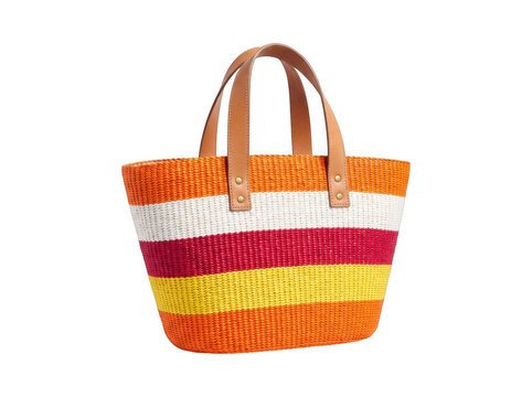 Colorful striped woven straw tote beach bag as isolated on transparent background