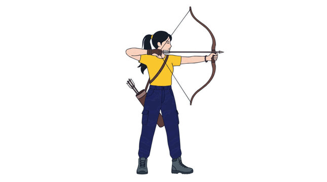 Young woman practicing archery aiming with a bow and arrow, focused on target, athletic pursuit, sport illustration 2d flat vector