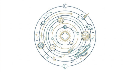 Stylized Solar System Diagram with Planets Orbiting Sun. © Topan