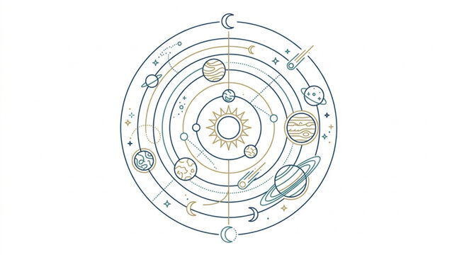 Stylized Solar System Diagram with Planets Orbiting Sun.