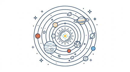 Stylized Solar System Illustration with Planets Orbiting the Sun. © Topan