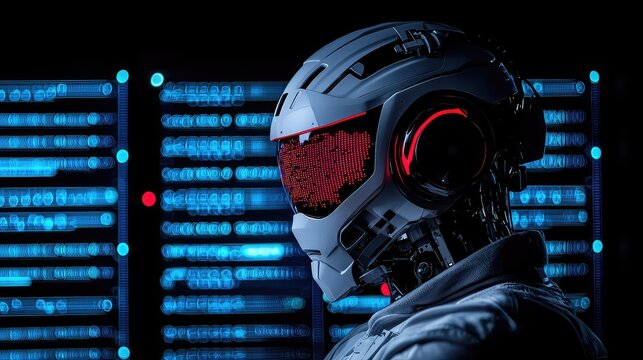 Futuristic Cyborg Soldier with Glowing Red Visor in Digital Data Environment