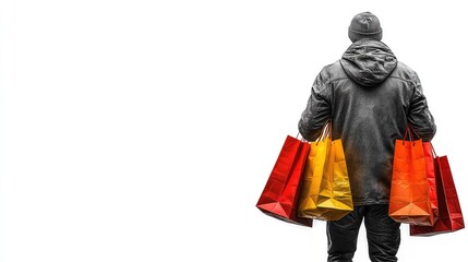 Fototapeta premium Shopper Man Carrying Colorful Shopping Bags Isolated on White