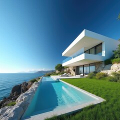 Obraz premium Modern white house with infinity pool on cliffside. Ocean view from luxury villa with balcony and glass railings. Green grass lawn surrounds the scenic coastal property. Blue sky above.