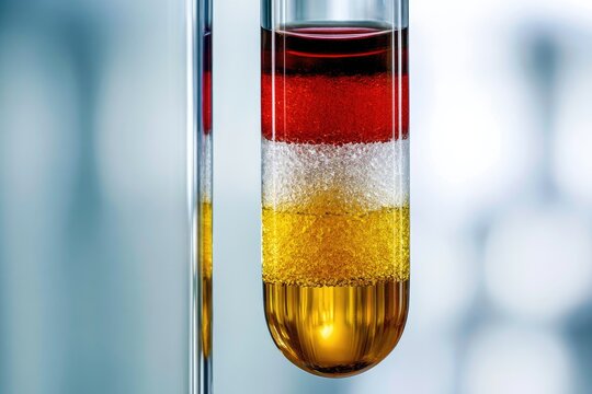 Multi-layered liquids, vividly colored, separated in a clear test tube