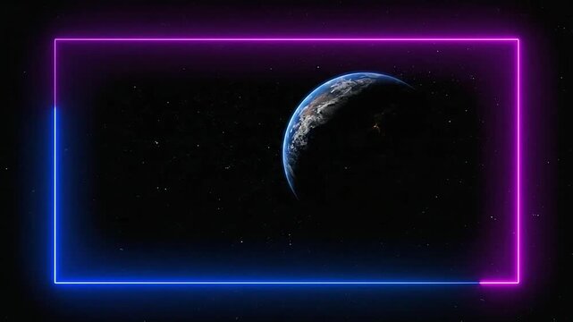 Planet Earth viewed from deep space within a glowing neon blue and pink rectangular frame