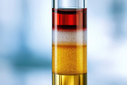 Stratified liquids and solids in a clear tube, showing layers