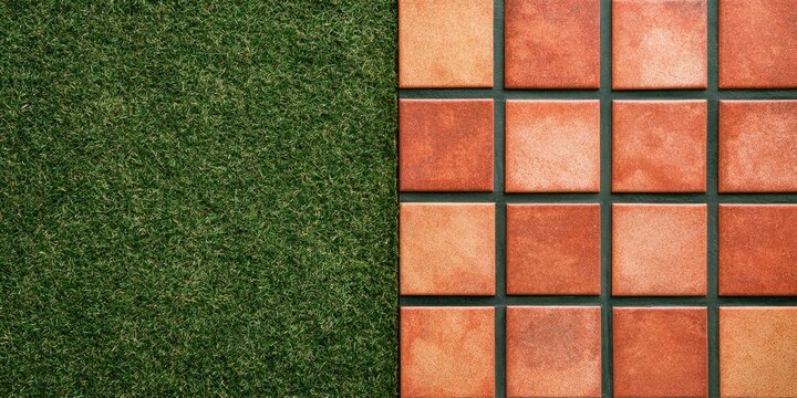 Top view of textured green grass juxtaposed against terracotta square tiles