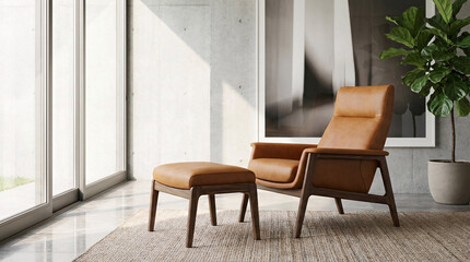 Fototapeta premium Mid-Century Modern Tan Leather Lounge Chair and Matching Ottoman in a Minimalist Concrete Living Room Interior