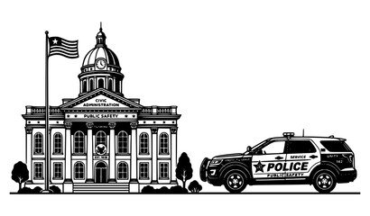 Law enforcement and government building vector set with police patrol car and civic authority isolated on white © Md