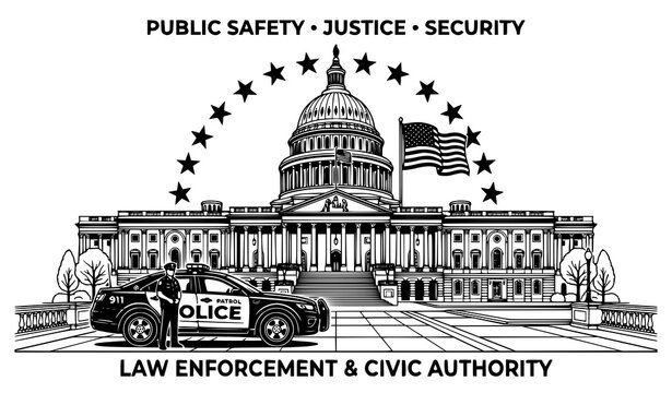 Police car and government capitol building vector illustration with law enforcement and public safety isolated on white background