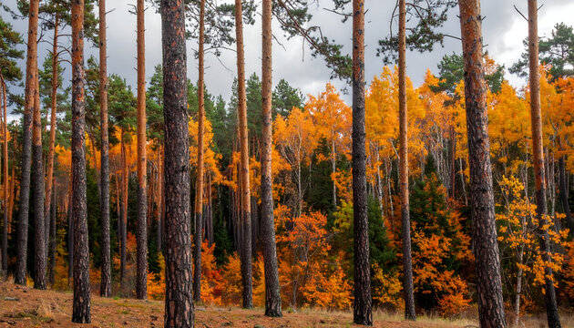 Vibrant Autumn Forest with Tall Pine Trees and Golden Foliage.