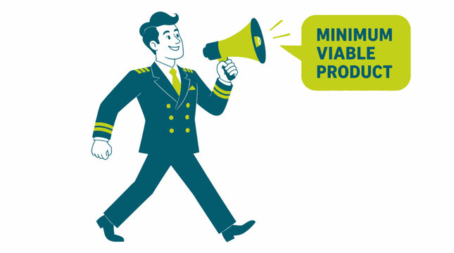 Businessman holding megaphone with minimum viable product text.