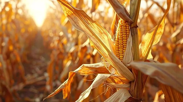 Golden ripe corn cob growing in a sunlit autumn field during harvest season
