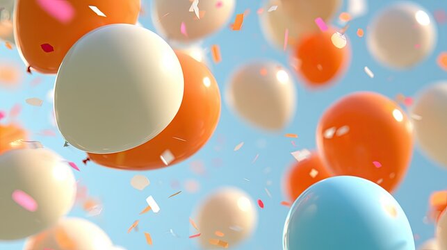 Colorful balloons and confetti float against a bright blue sky