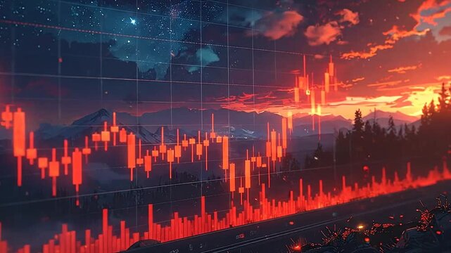 Financial stock market candlestick chart overlaying a scenic mountain sunset landscape
