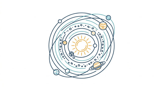 Solar System Illustration with Sun and Planets in Orbit.