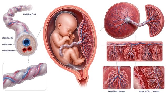 human fetus in womb with umbilical cord and placenta