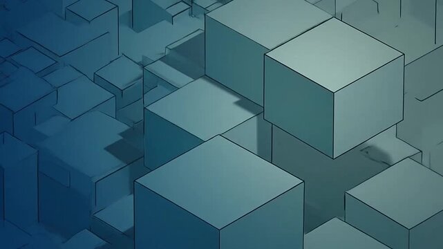 Abstract isometric composition of blue and teal geometric cubes with dark outlines