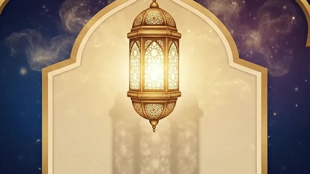 Elegant golden lantern hanging in a decorative Islamic archway with a starry night background