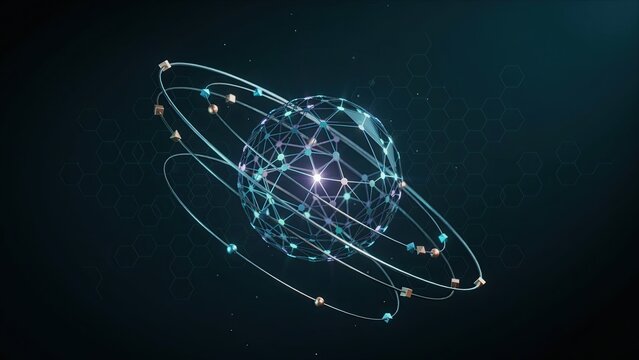 Digital sphere formed by interconnected nodes and orbital rings symbolizes global network communication and connectivity.