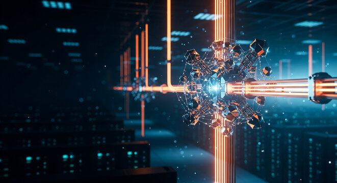 Abstract digital data cluster exploding within a futuristic server room, concept for cybersecurity, big data analytics and network security solutions