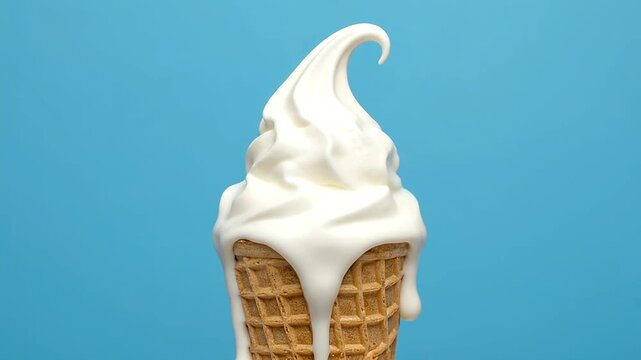 Delicious vanilla soft serve ice cream melting over a crispy waffle cone against blue background