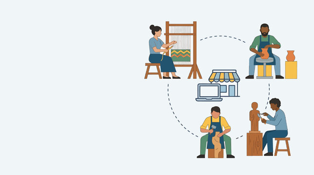 Illustration of artisans engaged in various crafts, connected by a digital marketplace and storefront, representing small business and e-commerce.