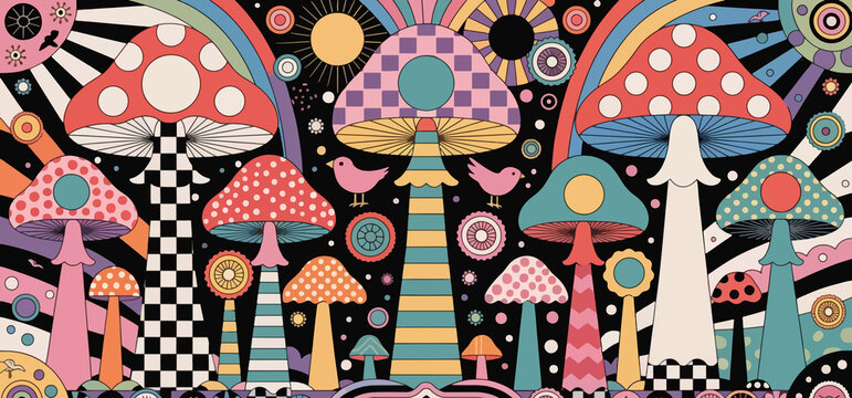 Psychedelic mushroom forest with retro patterns trippy nature graphic