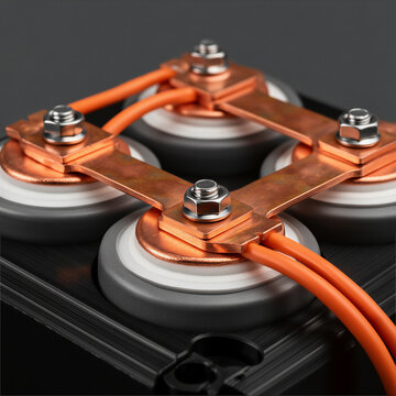 Macro shot of cylindrical lithium battery cells connected with copper busbars and nuts, battery management system BMS voltage wires in energy storage system LFP cell pack technology